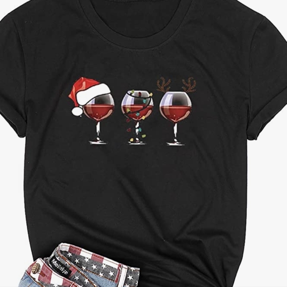 Wine Not Merry Christmas Short Sleeve Tee in Black and Red Size Medium - Picture 5 of 11